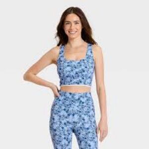 JoyLab Women's Floral Print Piped Longline Sports Bra, XS & XXL - Blue